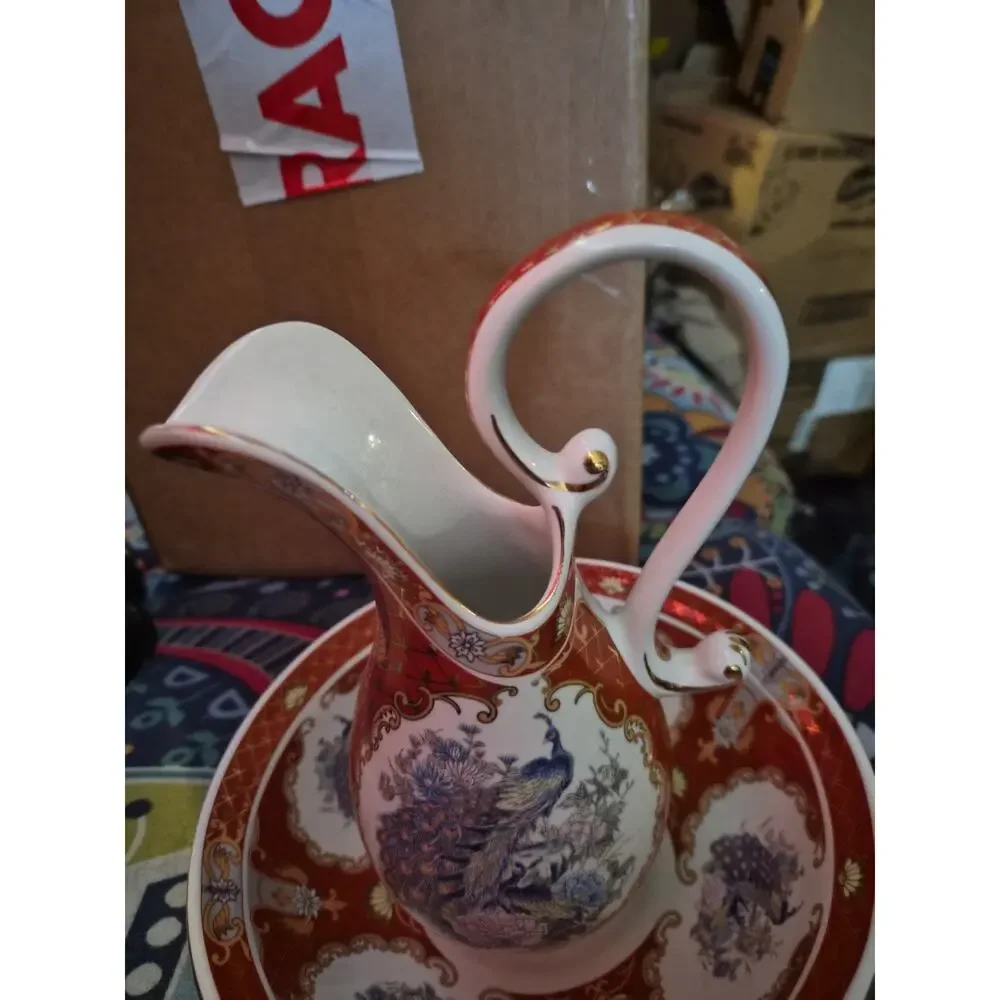 Vintage Fapodel Ceramic Pitcher And Bowl In Red And White Color With Gold Trim
